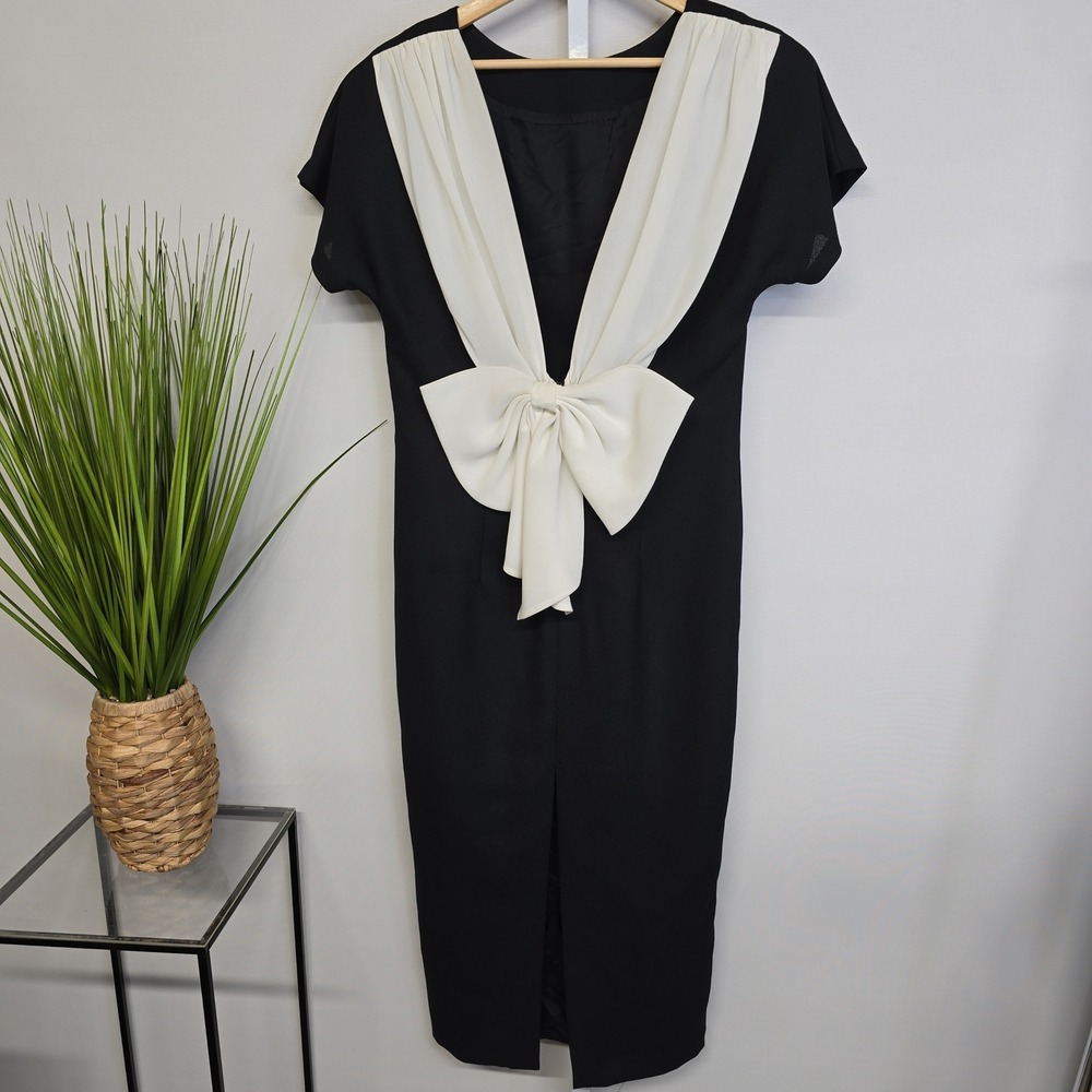 Black Midi Dress with Ivory Bow Detail